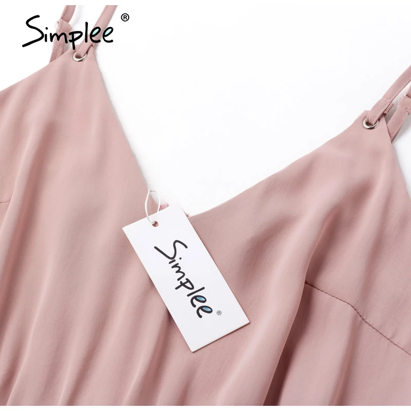 Simplee Sexy v-neck women party dress Elegant spaghetti strap female pleated office dress Solid female pink midi summer dresses