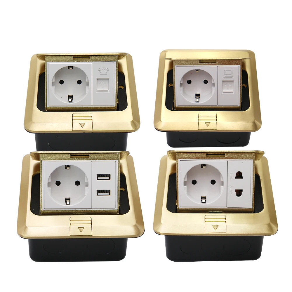 EU Floor Socket USB Charging Port Phone RJ45 Computer Aluminum Alloy Silver Waterproof Panel Copper Gold Pop Up Ground Plug 16A