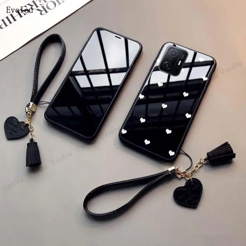 Love Heart Tassel Lanyard Phone Case with Tempered Glass Shockproof Cover