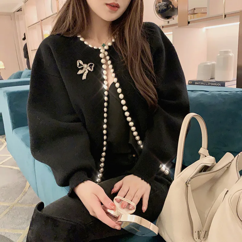 2020 New Fashion Korean Jackets Pearls Cardigan Batwing Sleeve Wool Knit Vintage Women's Coat High Quality Jacket AQ927