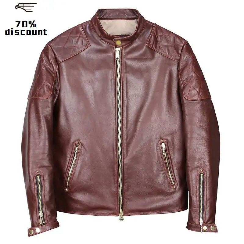 

2020 Dark Brown Men Slim Fit Biker's Leather Jacket Large Size XXXL Genuine Cowhide Autumn American Style Motorcycle Coat