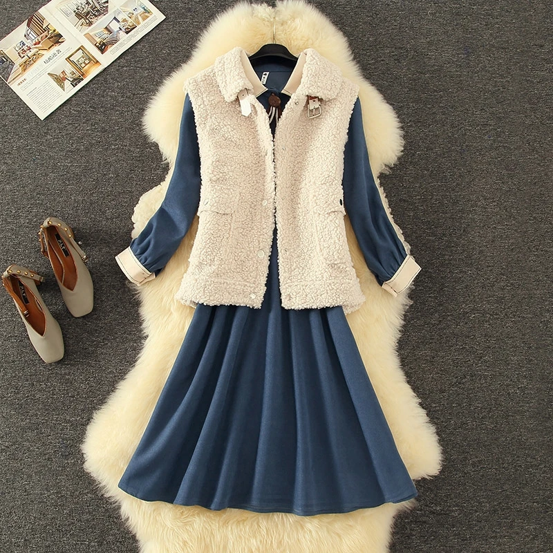 

Autumn Winter New Two Pieces Sets Women Lamb Wool Korean Style Vest Jacket Coat + Hit Color Long Preppy Style Pleated Dress Sets
