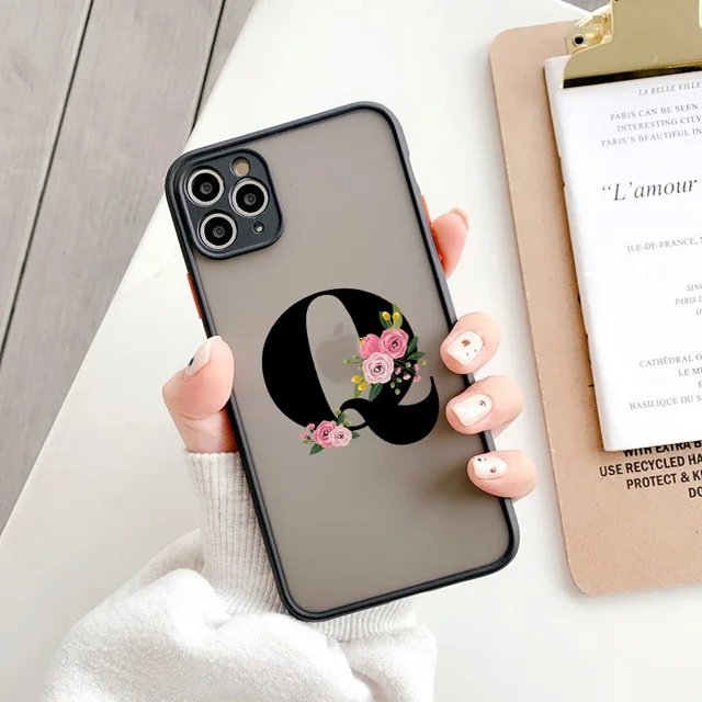Elegant Black Letter Flower Matte Phone Case - Fashionable Protective Shell
