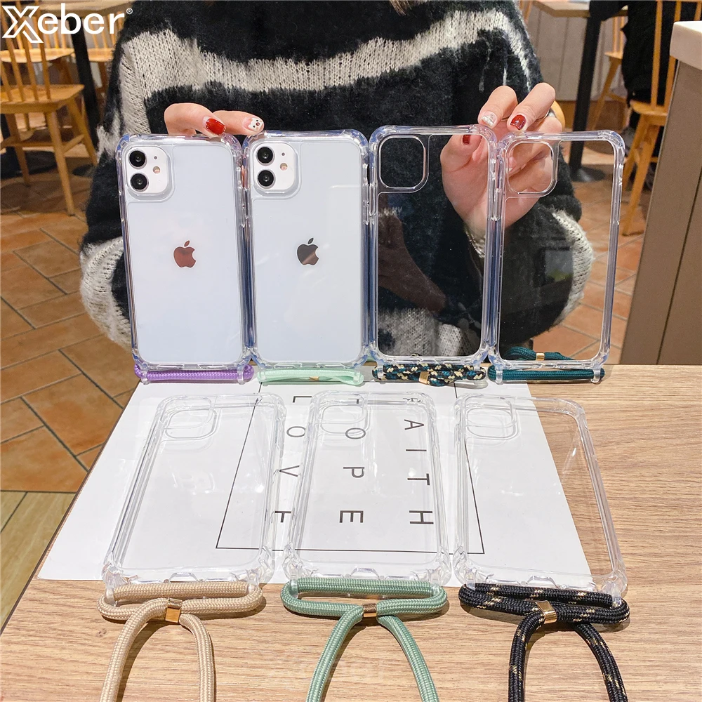 Transparent Cell Phone Case For iPhone 11 13 12 Pro Max Mini X XR XS 8 7 6S 6 Plus SE Hard Acrylic Lanyard Strap Shoulder Coque | Мобильные