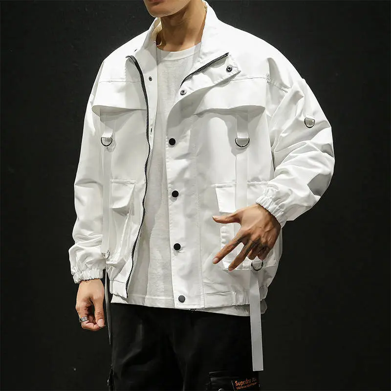 5XL Мужская осенняя куртка Kpop Корейская Свободная верхняя одежда хип-хоп куртка уличная одежда повседневная черная однотонная Толстовка С Карманами