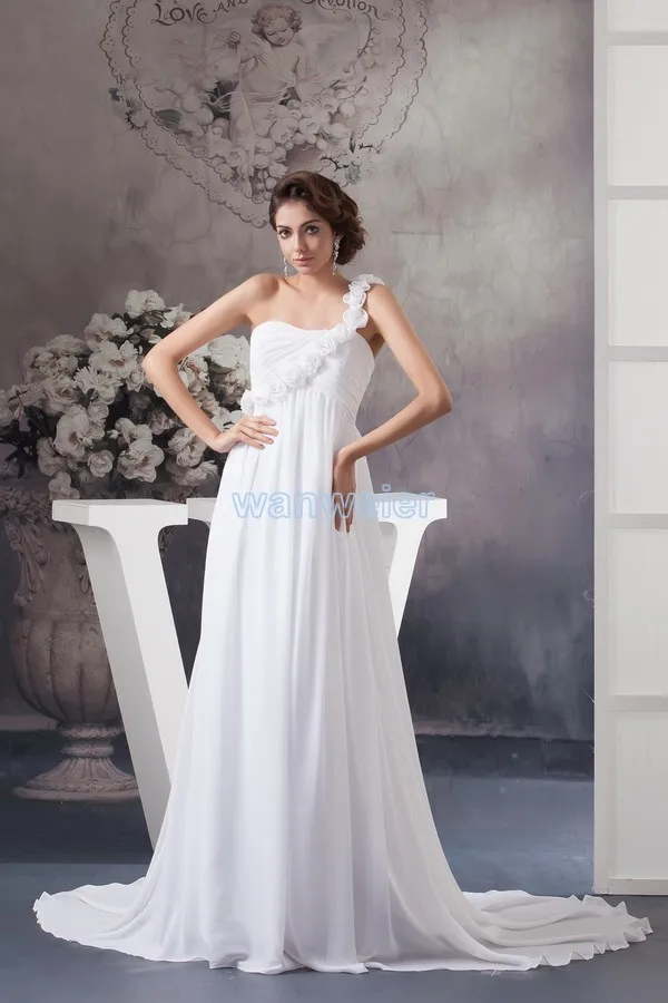 

free shipping 2017 new design formal gown floor-length one shoulder small train custom size/color white chiffon wedding dresses