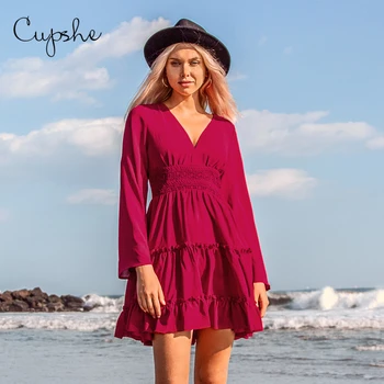 

CUPSHE Rose Red Ruffled Long Sleeve Dress Women Boho V-neck Mini Dress 2020 Spring Elegant Dress