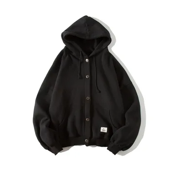

Korean version of Harajuku style black solid color oversize hoodies thick warm student streerwear jacket