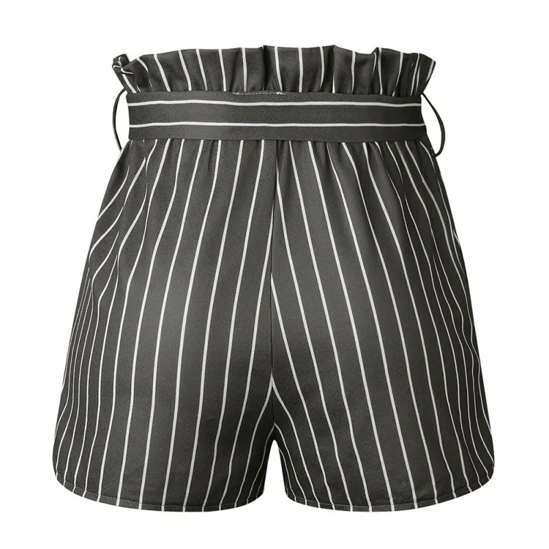Women Summer Casual Trousers Elastic High Waist Shorts Loose Print Striped Lace-up Pocket Shorts x