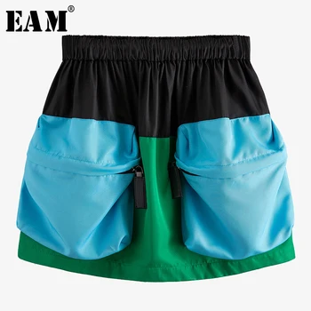 

[EAM] High Elastic Waist Blue Contrast Color Split Joint Half-body Skirt Women Fashion Tide New Spring Autumn 2020 WM23201