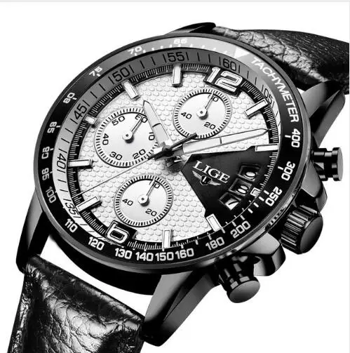black white L Новые LIGE мужские часы Топ бренд класса люкс Секундомер спортивные водонепроницаемые кварцевые часы мужские модные бизнес часы relogio masculino - Цвет: black white L