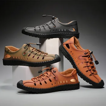 

Yomior Fashion Men Casual Shoes Spring Soft Real Leather Loafers Breathable Summer Beach Sandals Vintage Flats Driving Shoes