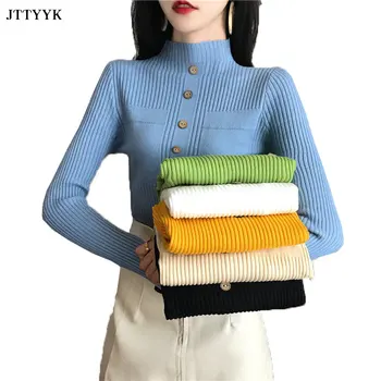 

Half High Neck Pullover Sweater Women Autumn/winter 2020 New Sweater Korean Button Slim Long Sleeve Knitted Bottoming Shirt Top