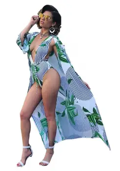 

Pareo Beach Cover Up Swimwear Women Striped Print Cloak V Neck Bandage Bathingsuit Bikini Cover Ups Beachwear Cardigan Swimsuit