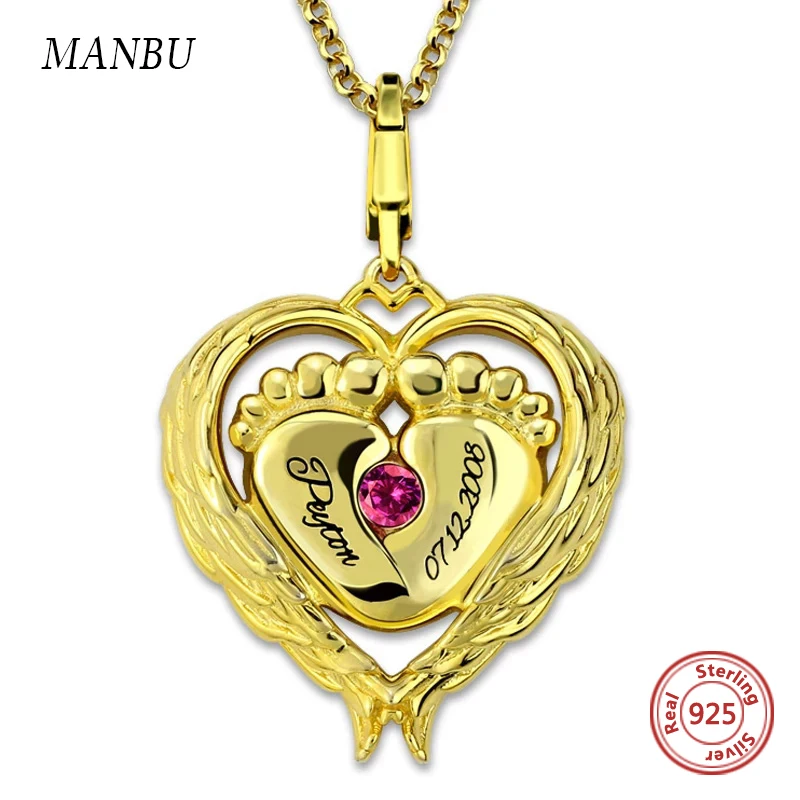 

Satement initial silver 925 Baby feet with heart pendant custom birthstone and name Personalized Nacklace gift for mom wholesale