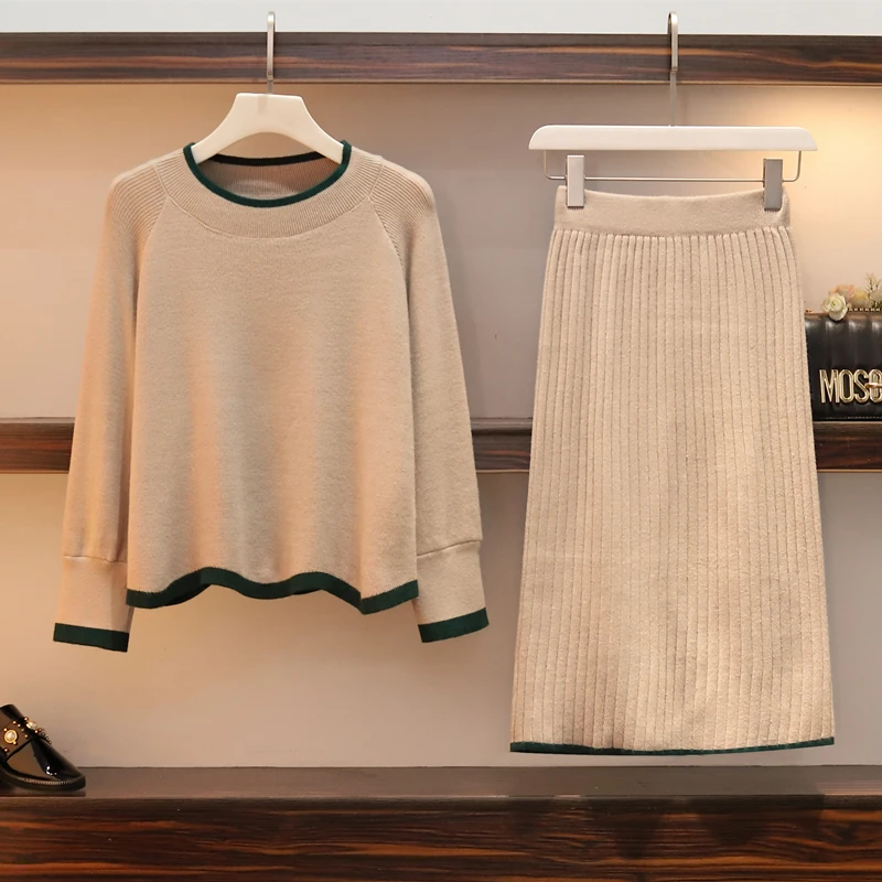 Новая женская юбка костюм плюс размер осень зима длинный рукав толстый вязаный Свободный пуловер + плиссированная юбка комплект Модный