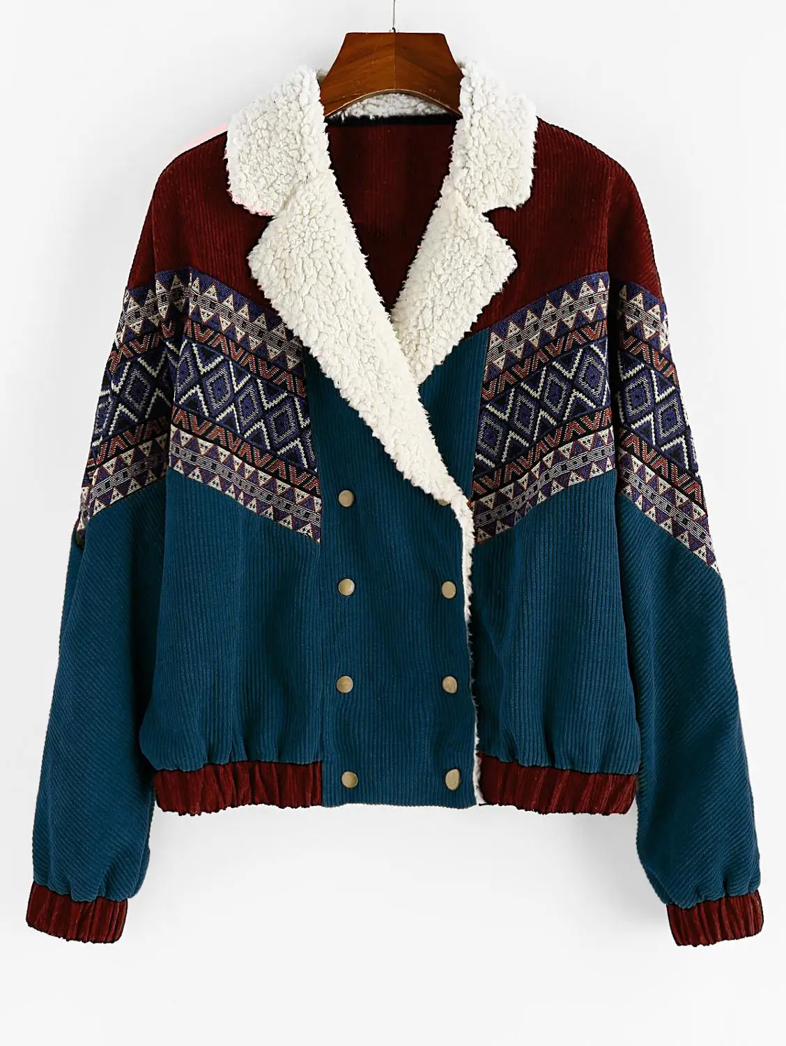 Peacock blue ZAFUL куртка пальто для женщин осень зима теплая винтажная верхняя одежда двубортный этнический принт Искусственная овчина панель Вельветовая куртка - Цвет: Peacock blue