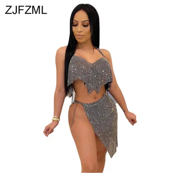 

Bling Bling Lurex Chain Sexy 2 Piece Skirt Set Women Halter Backless Irregular Crop Top and Side Slit Mini Skirts Club Outfits