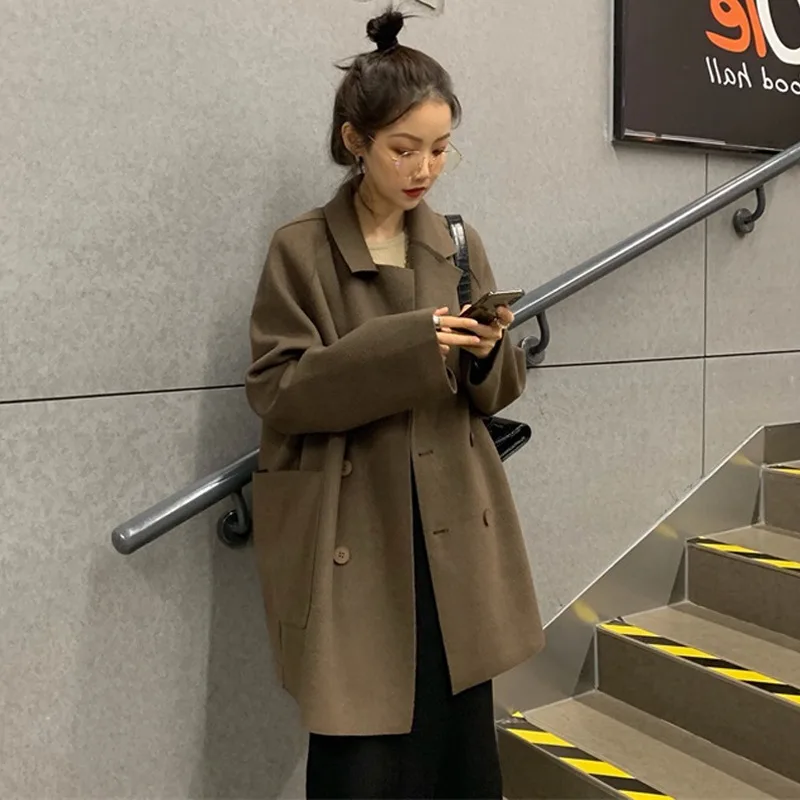 Свободная приталенная шерстяная куртка с воротником поло средней длины, универсальные топы для студентов