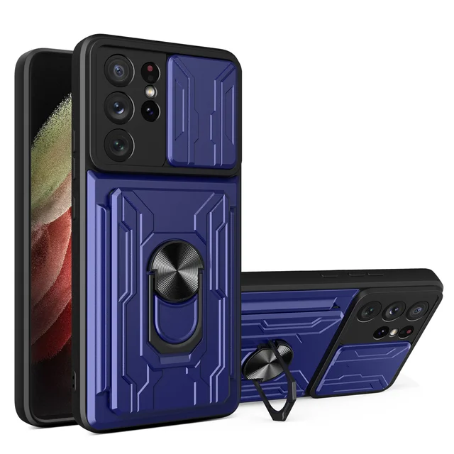 Slide Camera Lens Case For Samsung S22 Ultra S21 Ultra S21 FE S20 Plus Note 20 Ultra A72 A52 A53 A33 Detachable Card Holder Case Blue