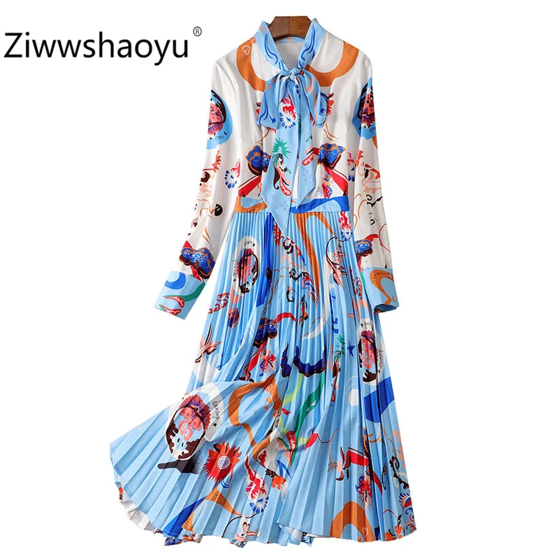 

Ziwwshaoyu High Quality Designer Autumn Winter Pleated Dress Women's Fashion Bow Collar Long Sleeve Print Midi Dresses