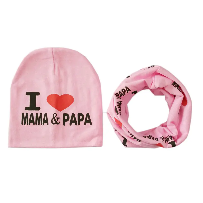 Light pink Детская шапка, шарф, шапка с принтом «I Love Papa Mama» для мальчиков и девочек, вязаная детская вязаная шапка на весну, осень, зиму, H109D - Color: Light pink