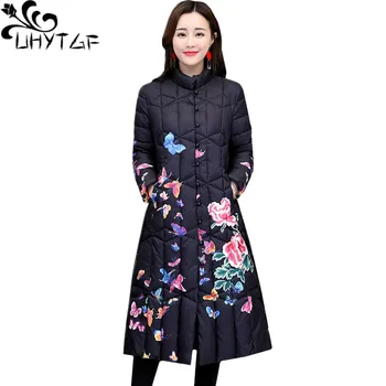 

UHYTGF Women winter down jacket parkas woman fashion retro print 4XL plus size coat casual warm long down cotton winter coat 536
