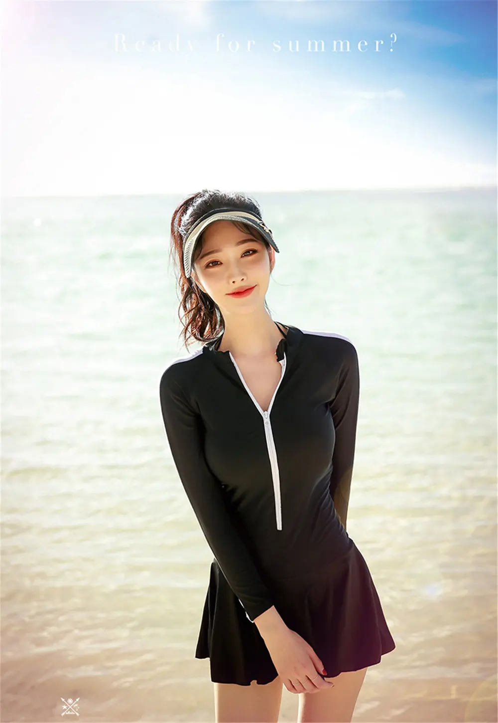 Skirted rhguard женский длинный рукав цельный купальный костюм плотная одежда для купания УФ Защита сёрфинга одежда молния Дайвинг рубашка черный коврик
