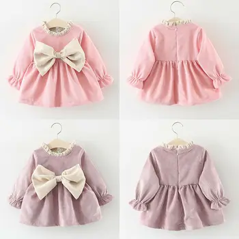 

Pink Purple Toddler Baby Girl Kids Big Bow Warm Party Wedding Princess Winter Dress Long Sleeve Thick Tutu Dresses