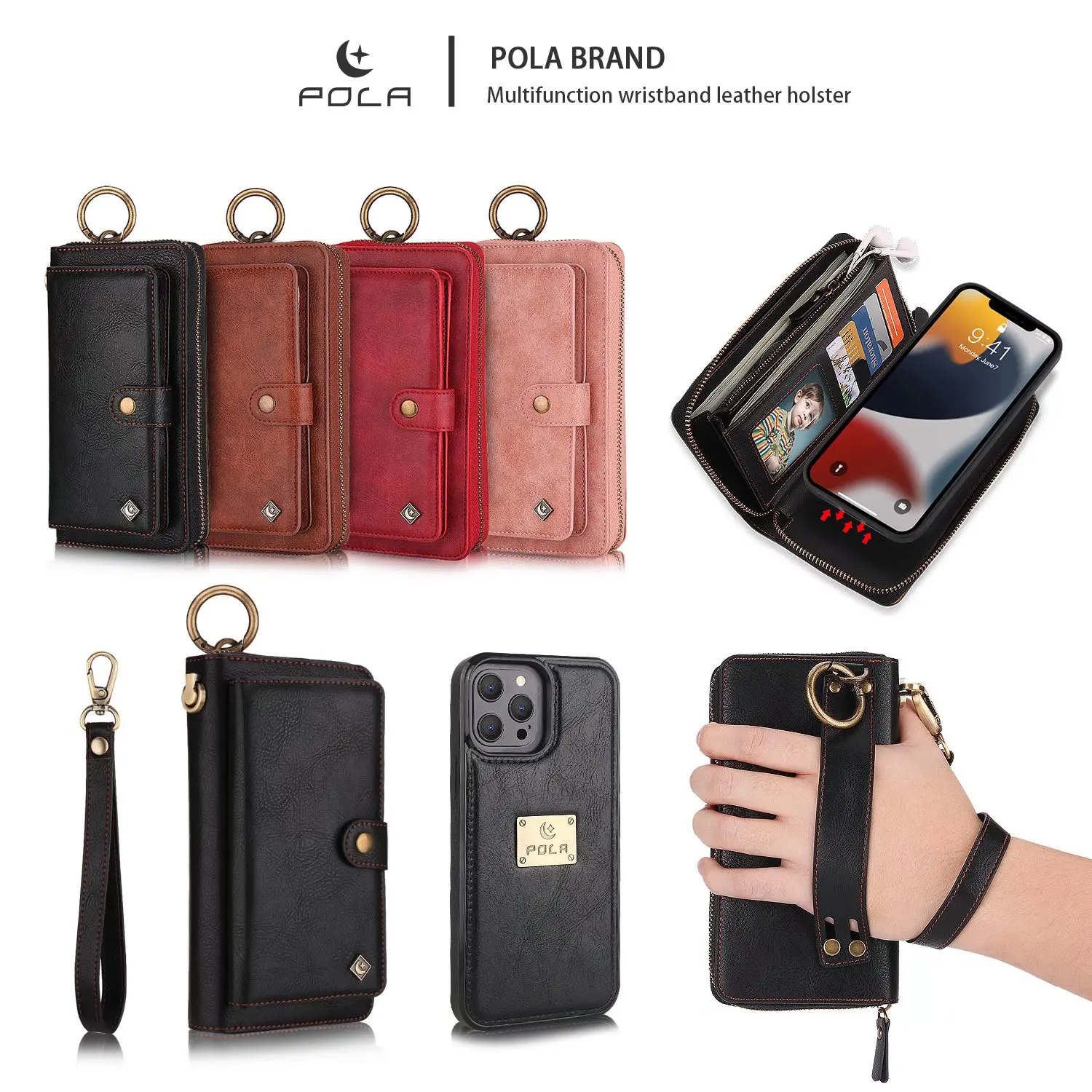 POLA Case For Iphone 15 Pro Max 14 Plus 13 12 11 Multifunction Zipper Business Leather Magnetic Wallet Split Cover