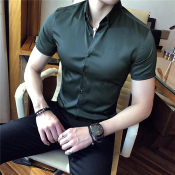 

Selling Summer Fashion Classic England Wind Self-cultivation Solid Color Silk Mens Shirt Male Short Sleeve Shirt Top