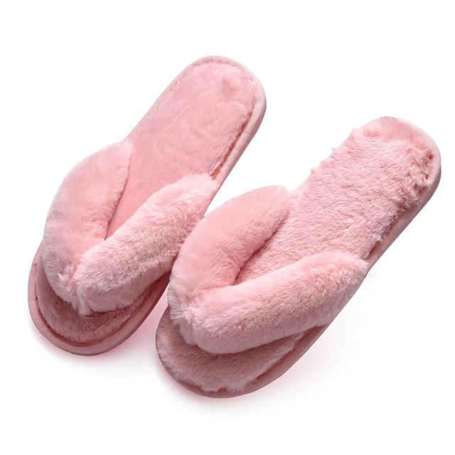 Winter Women House Slippers Faux Fur Fashion Warm Shoes Woman Slip on Flats Female Slides Black Pink cozy home  furry slippers 3799-pink