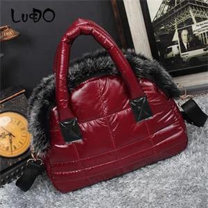 LUCDO Brand Luxury Handbag New Winter Woman Warm Space Cotton Shell Bags Designer Rabbit Fur Bag Ladies Jacket Shoulder Bag - Цвет: Oil Bordeaux