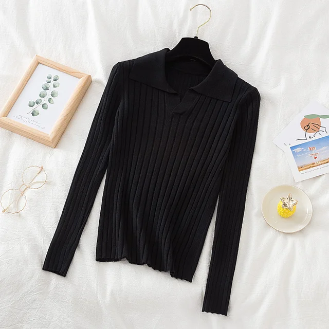 Korean Style Turn-Down Collar Women Sweater Female Long Sleeve Casual Pullovers Knitted Sweaters Clothes Sweter Mujer 2021 Fall black