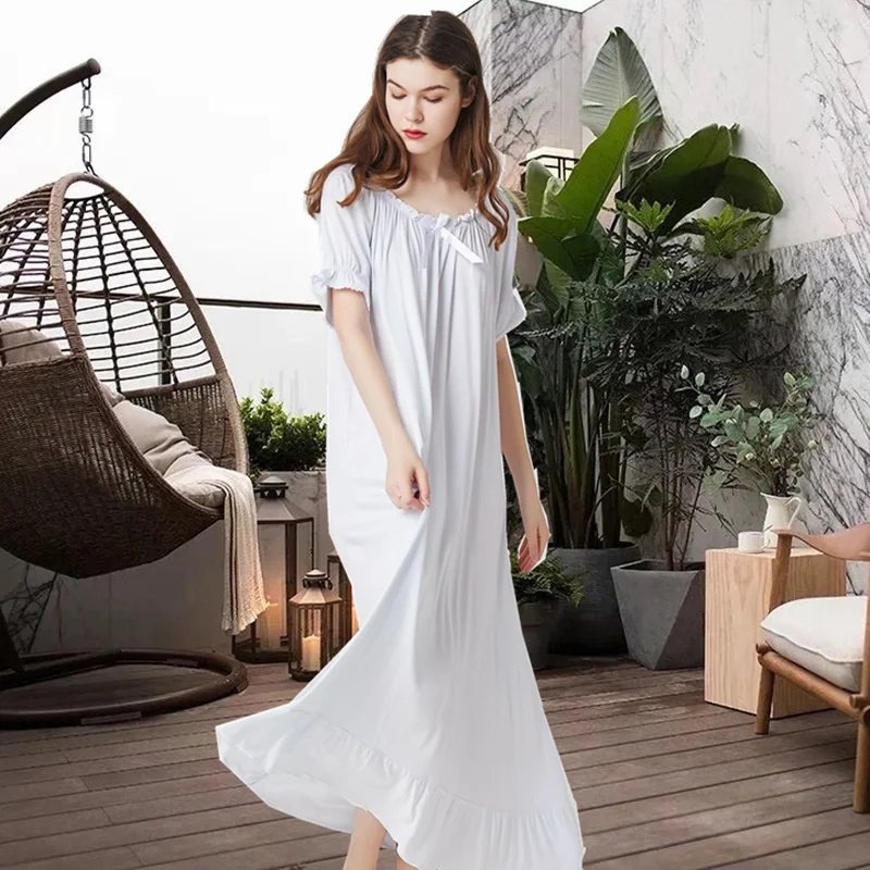 New Modal Nightdress Women Short Sleeve Gradient Long Sleepdress Nightgown Breathable Elastic Collar Floral Sleepwear Loungewear