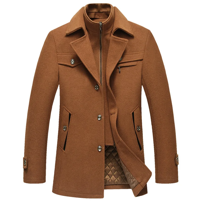 Мужское зимнее шерстяное пальто, мужское Брендовое повседневное теплое толстое шерстяное пальто, мужской Тренч, пальто со съемным воротником - Цвет: CAMEL