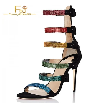 

Sexy Stilettos Women Sandals Black Suede and Multicolor Rhinestone Straps Gladiator High Heels Buckle Strap Women's Party Shoes