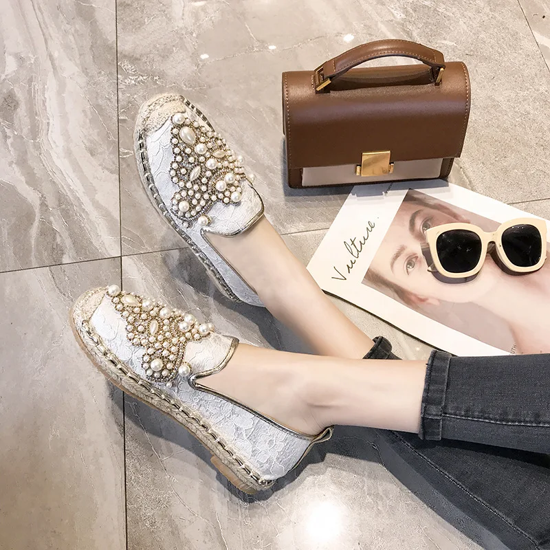 

Fisherman Shoes Women's 2019 Summer New Style Korean-style Flat Straw Rope Lace Pearl Slip-on Rubber Sole Shoes