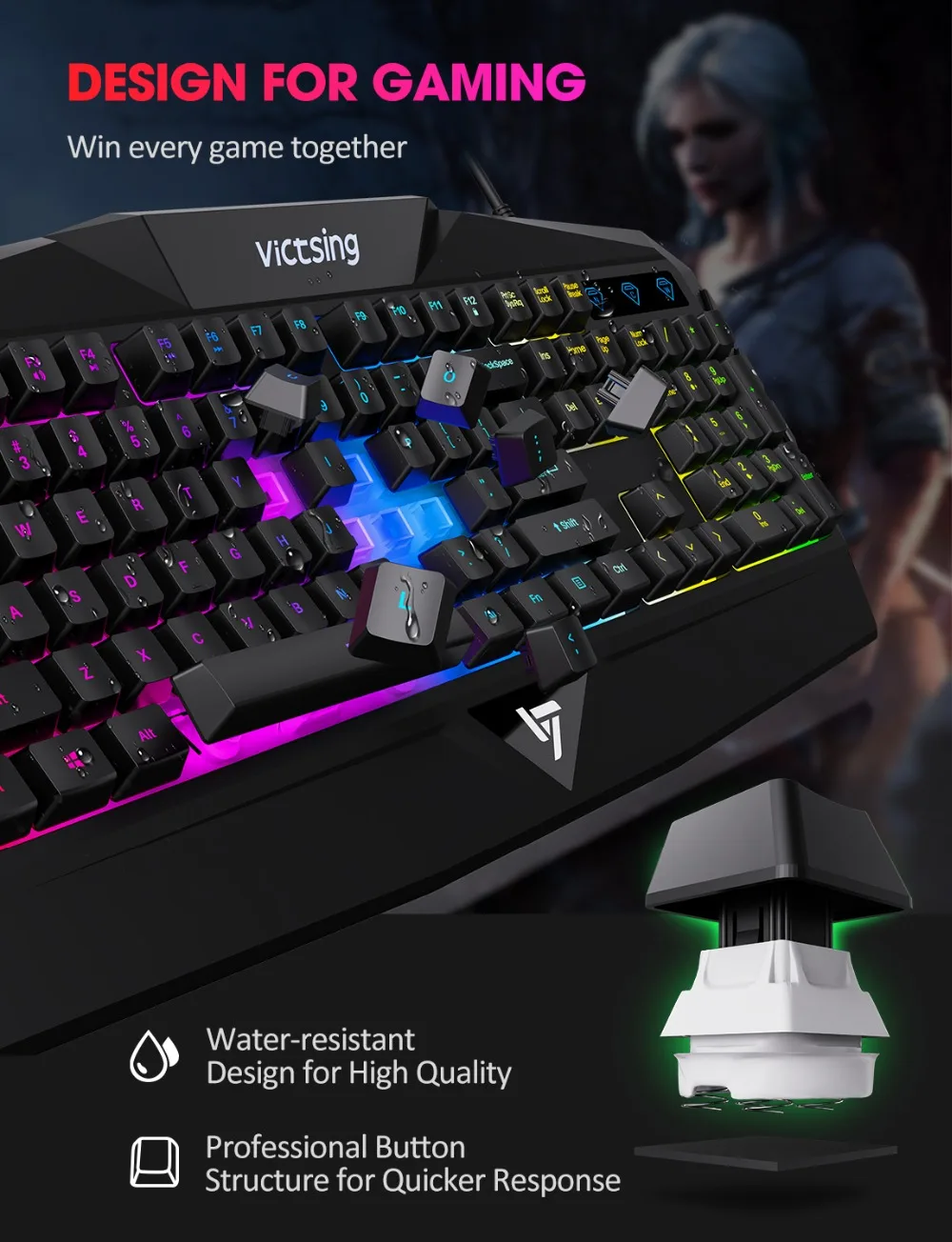 VicTsing PC225 Gaming Keyboard Rainbow LED Backlit Wired Membrane keyboard With Mechanical Feeling Ergonomic Design 112 Keycaps (2)