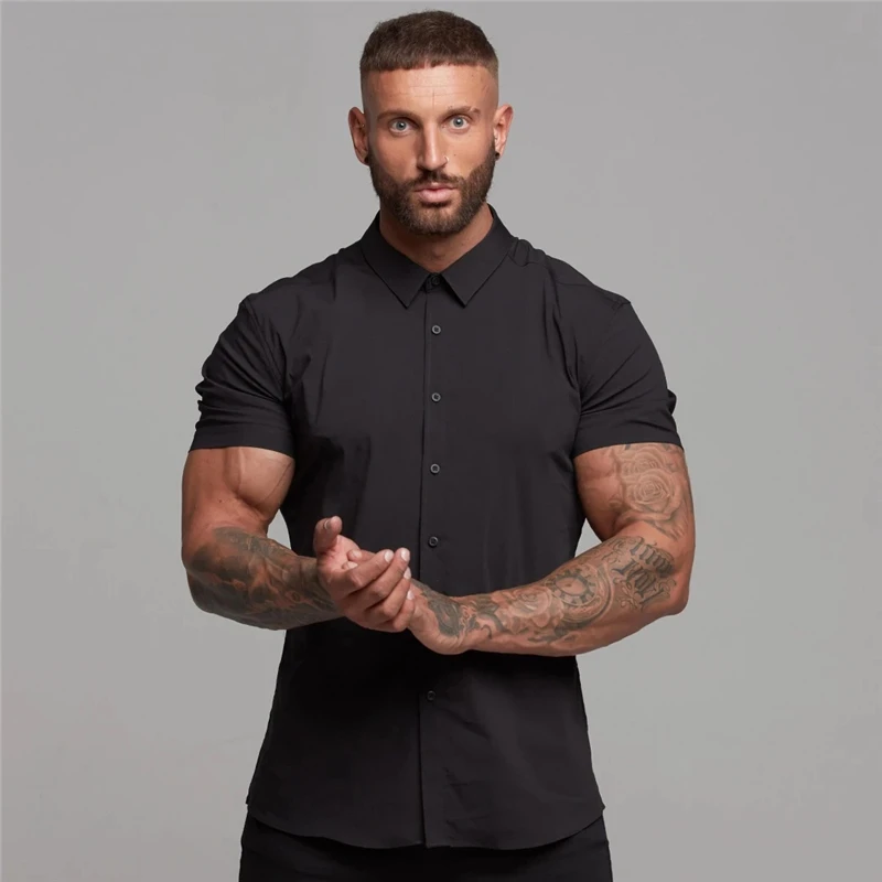

Summer Fashion Men's Shirt Business Super Slim Fit Short Sleeve Casual Shirts Solid Quick-Dry Breathable Male Cardigan Clothing