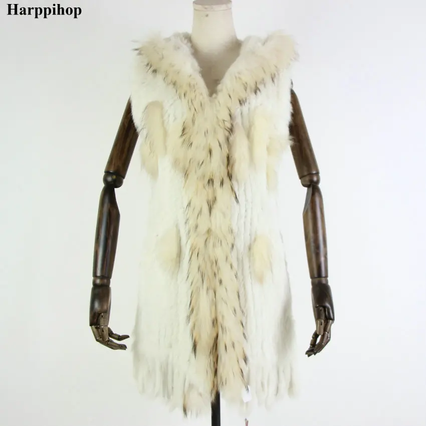 Harppihop меховой натуральный меховой жилет из натурального кроличьего меха вязаный жилет с капюшоном длинное пальто куртки для женщин зимние V-211-05 - Цвет: white
