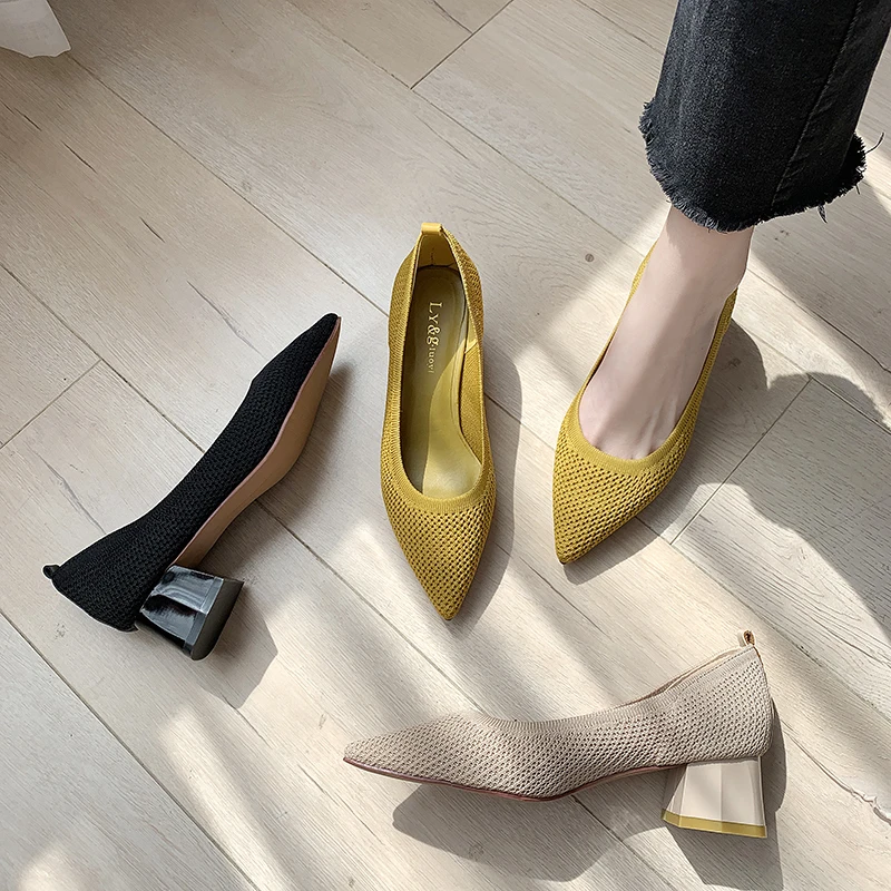 Chunky Heels Shoes Fabric Women Pumps Office Summer Pointed-Toe Med Spring Slip-On Work