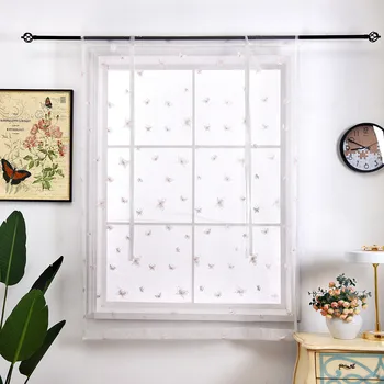 

Pastoral Kitchen Curtains Butterflies Embroidered Sheer Short Curtains Roman Blinds Door Modern Tulle Fabrics Valance 1PC