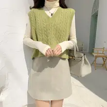 Сделанный из пряжи Для женщин пуловер без рукавов, Осень-зима, корейский стиль Винтаж v-образный вырез короткий вязаный шерстяной свитер, жилет зеленого T380