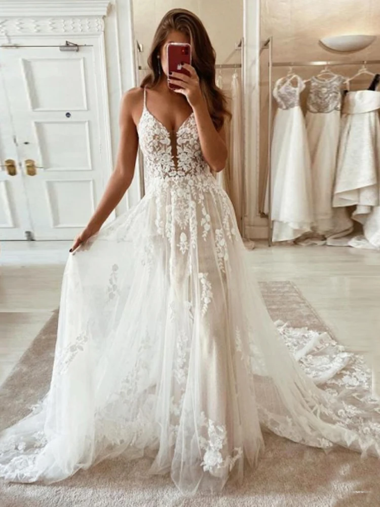 second hand wedding dresses Lakshmigown Vintage Lace Boho Wedding Dress Spaghetti Straps 2022 V neck Sexy Tulle Bridal Open Back Wedding Gowns Vestido Novia simple wedding dresses Wedding Dresses