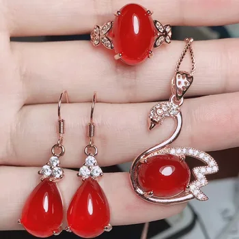 

Silver inlaid natural red agate pendant set