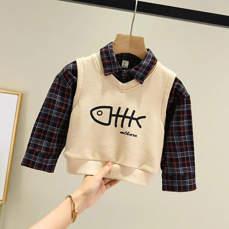 

2020 Korean-style Casual Vest Shirt Two-Piece Set BOY'S Spring New Style Western Style Tops Set Childrenswear
