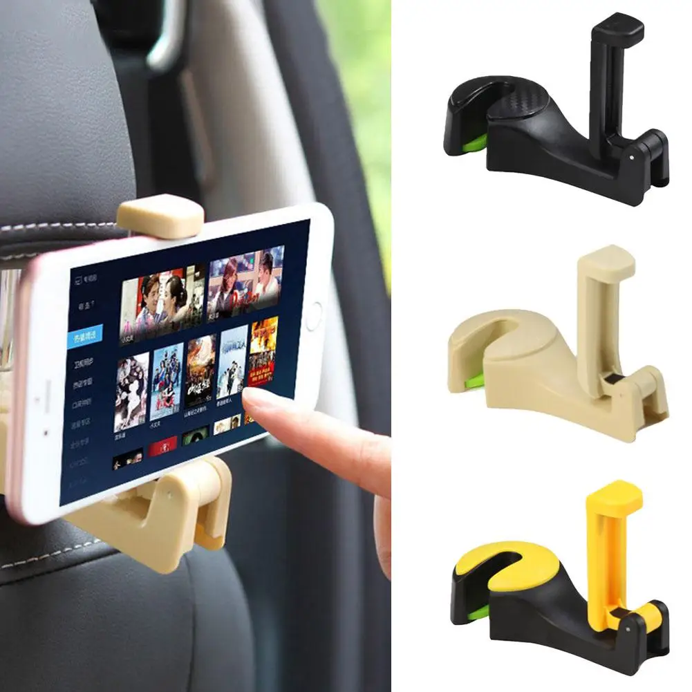 

Good 2 in 1 Car Headrest Hook with Phone Holder Seat Back Hanger for Bag Handbag Purse Grocery Cloth Foldble Clips Organizer