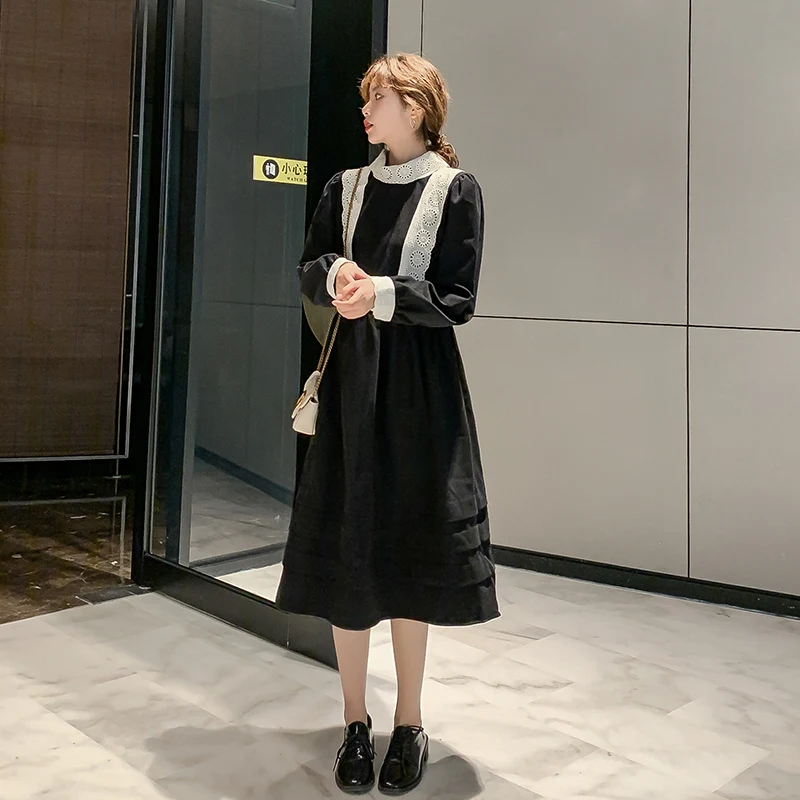 Новое Женское платье пэчворк длинный рукав в длинном кружевном платье Черное F7998