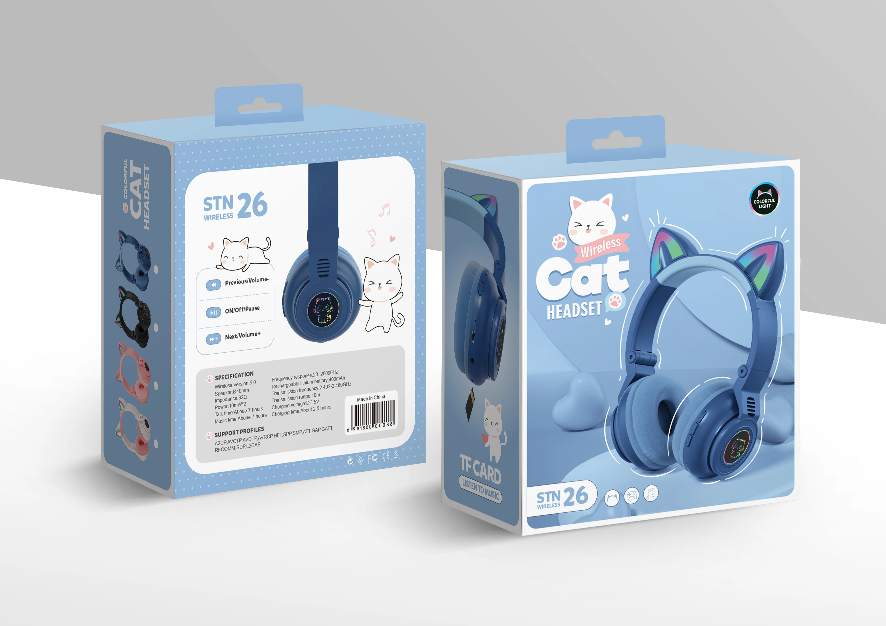 Cute RGB Kitten wireless Headsets Bluetooth 5.0 Bass Noise Cancellation Adult Child Girl Headset Support TF Card Helmet with Mic